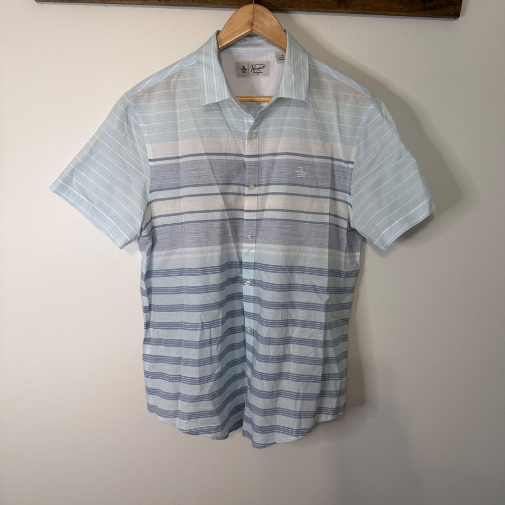 Original Penguin Mens Blue White Striped Short Sleeve Cotton Button Down Shirt M